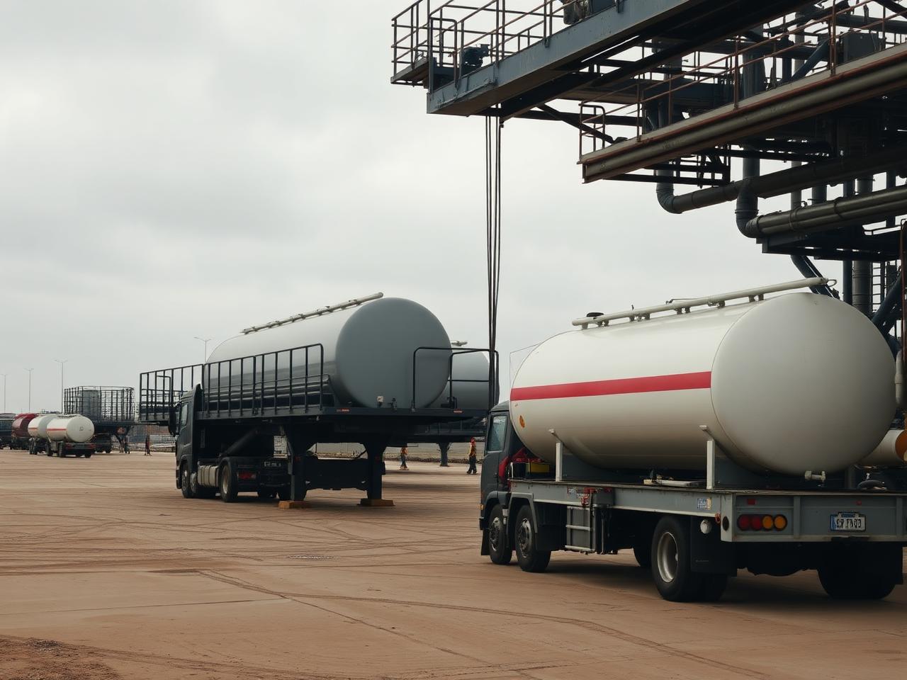 Road tankers loading refined product at a fuel terminal gantry